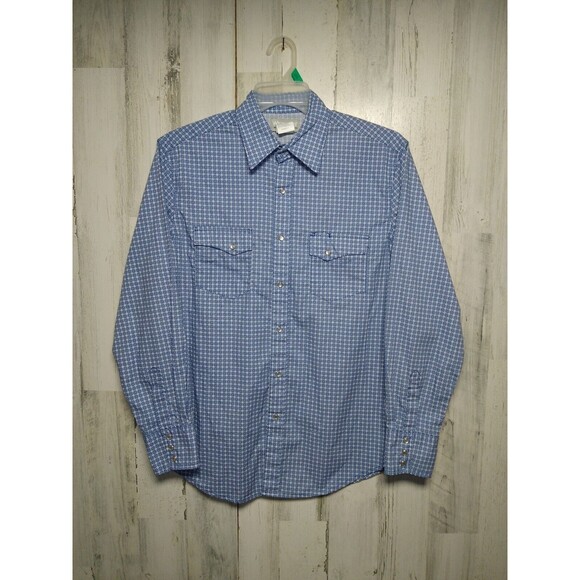 Wrangler Wrancher Medium Blue White Pearl Snap Long Sleeve Shirt - Picture 1 of 6